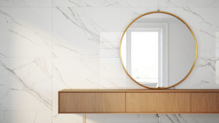 Interior of modern bathroom with white marble walls, concrete floor, round mirror and wooden countertop. 3d renderingの素材