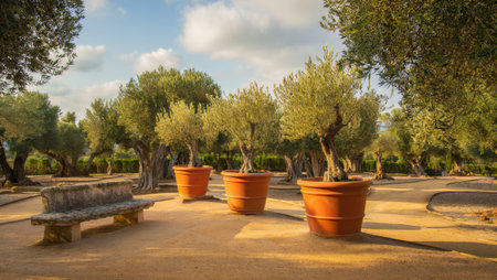 Olive trees in pots in the park. Olive grove in Cyprus.の素材