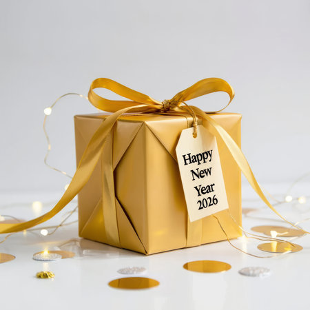Gift box with Happy New Year text and golden ribbon on white backgroundの素材