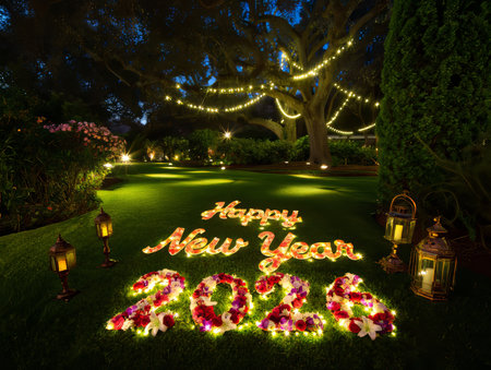 Happy new year 2018 written with led lights in the garden at nightの素材