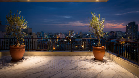 Balcony with view of the city at night. Panoramaの素材