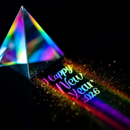 Happy New Year card with geometric pyramid on black background. 3D illustration.の素材