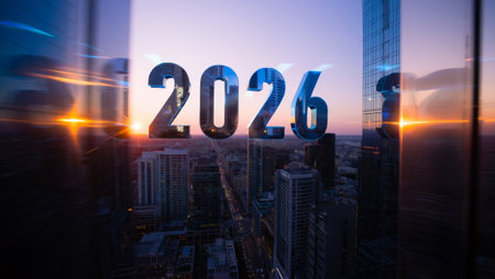 Happy New Year 2020 with two glasses of champagne on wooden table and bokeh backgroundの素材