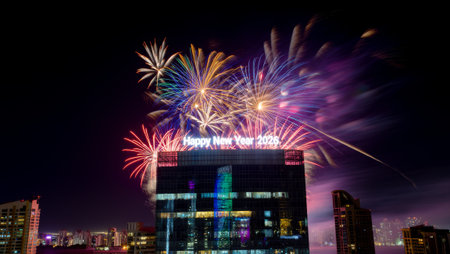 Happy new year 2018 written in red lanterns in garden at nightの素材