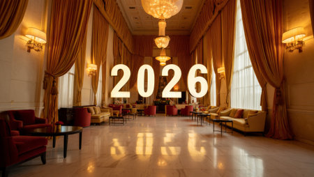 New Year's Eve 2020 in the interior of a hotel lobby.の素材