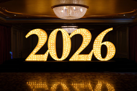 New Year 2016 on the wall of a hotel room with lights.の素材