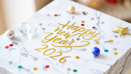 New Year's Eve champagne bottle with golden confetti on black backgroundの素材