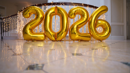 golden number 2019 on the floor with bokeh background.の素材