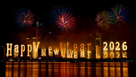 Happy New Year 2016 with Fireworks over the Chao Phraya River, Bangkok, Thailandの素材