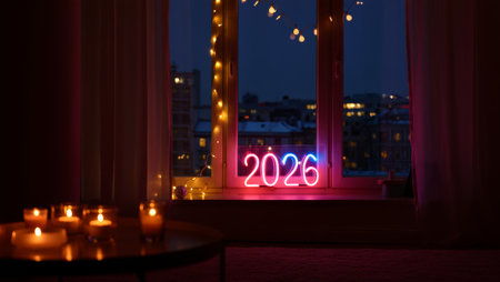 Happy new year 2018 written on the window in the evening. New year conceptの素材