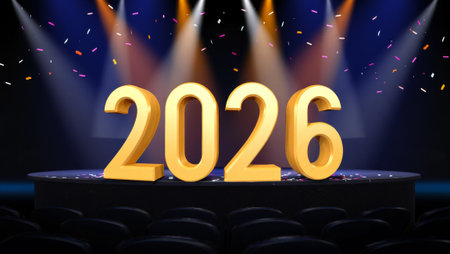 New Year 2016 celebration scene with golden numbers on podium, 3d renderの素材