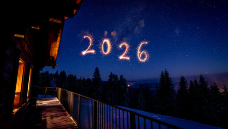 New Year's Eve celebration with fireworks in the sky over the houseの素材