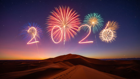 Happy new year 2020 written with fireworks over dunes in desert.の素材