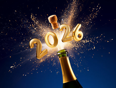 New Year 2016 celebration with champagne bottle and champagne cork on black backgroundの素材