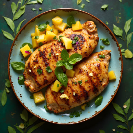 Grilled chicken fillet with mango and basil. Top view.の素材