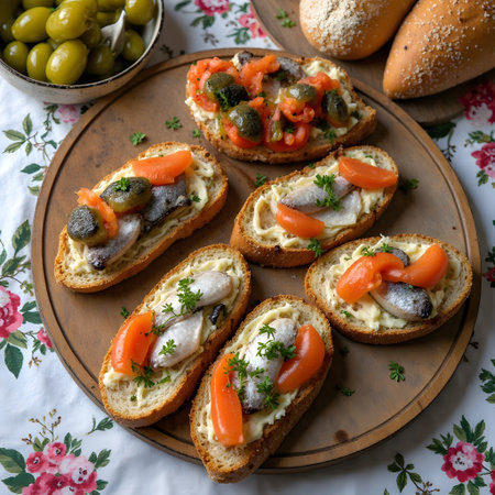Sandwiches with salted salmon, capers and olivesの素材