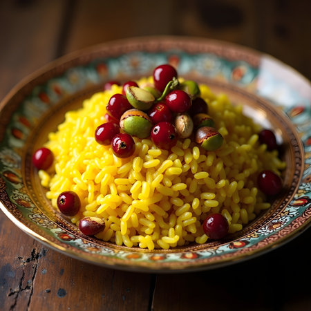 Saffron risotto with cranberries on a rustic background.Macro of Iranian saffron rice with barberries and pistachios on Persian plateの素材