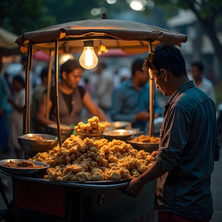 Unidentified Thai street vendor selling fried chicken at night market. Top view of festive Assamese thali with rice dal and fish fryの素材