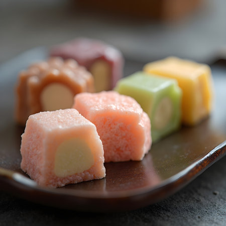 Traditional turkish delight lokum in a ceramic plate, selective focus. Traditional Japanese sweet wagashi close up with delicate pastel tonesの素材