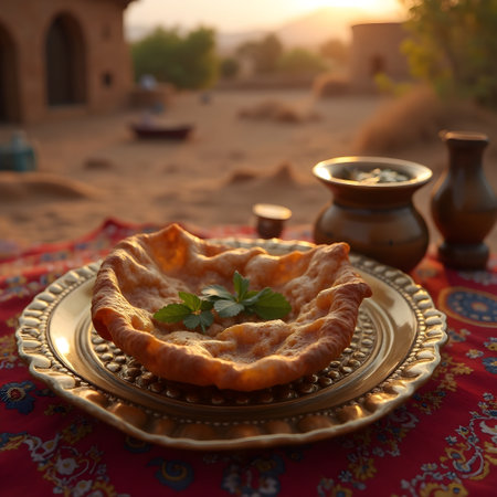 Traditional moroccan pie on the table in the old city. Authentic desert village setting with dal baati churma under warm evening lightの素材