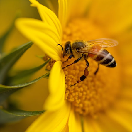 Bee on a yellow flower. Macro. Shallow depth of field.の素材