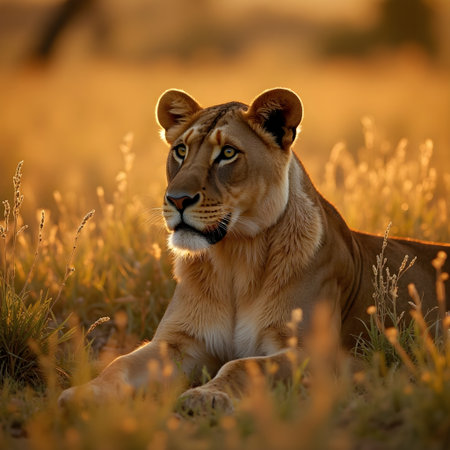 Lioness lying in the grass at sunset in Serengeti National Park, Tanzaniaの素材