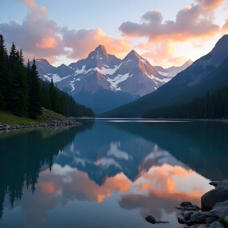 Mountain lake with reflection at sunset, Canadian Rockies, Alberta, Canadaの素材