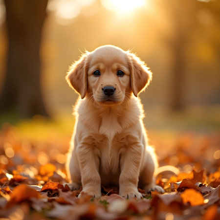 Cute golden retriever puppy sitting in autumn leaves at sunset.の素材