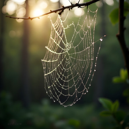 Spider web with dew drops in the morning forest. Nature backgroundの素材