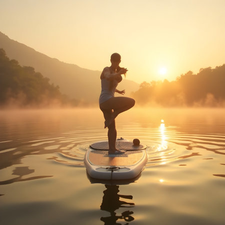 Silhouette of a woman practicing yoga on a paddle board on a lake at sunriseの素材