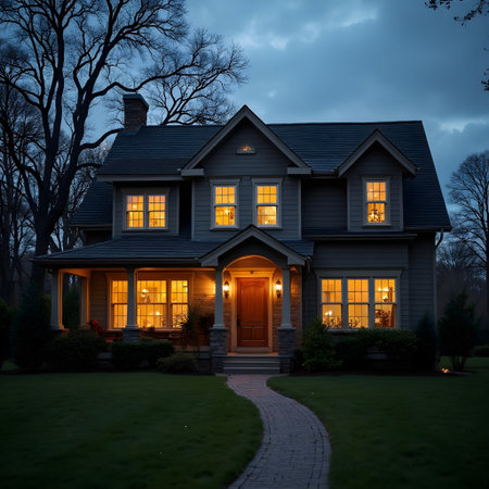 Night view of a beautiful house with a garden and a porch.の素材