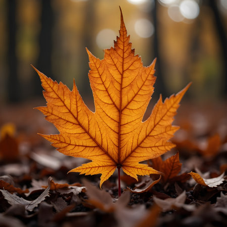 Autumn maple leaf in the forest. Beautiful autumn background. Selective focusの素材