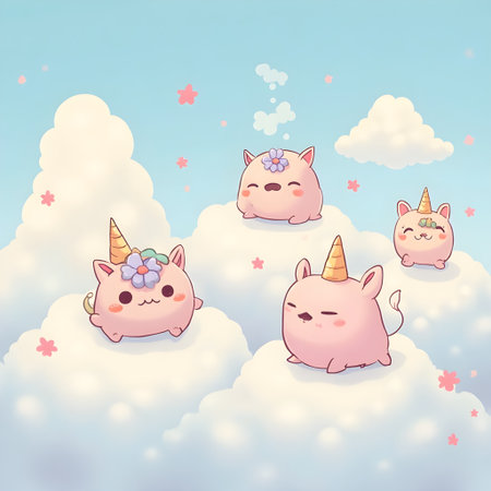 Vector illustration of cute unicorns in the clouds. Cartoon style.の素材