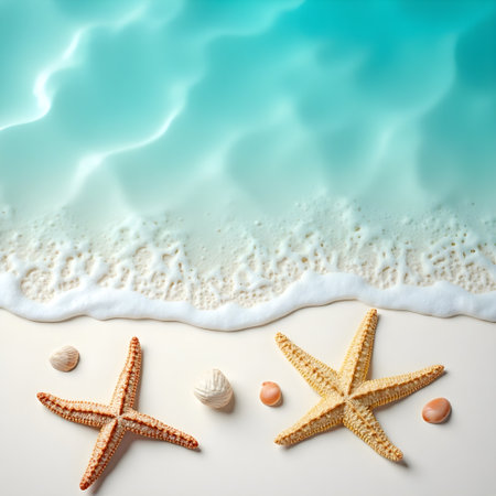 Starfish and seashells on sandy beach. Summer vacation backgroundの素材