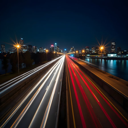 Light trails on the bridge at night in Seoul, South Korea.の素材