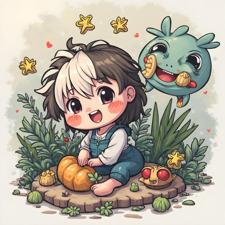 Cute little girl sitting on a stump with a pumpkin and a dragonの素材