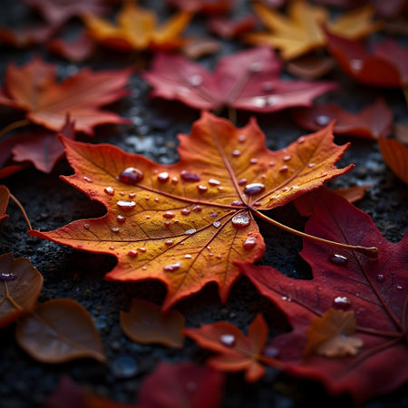Maple leaf with water drops on the ground. Autumn background.の素材