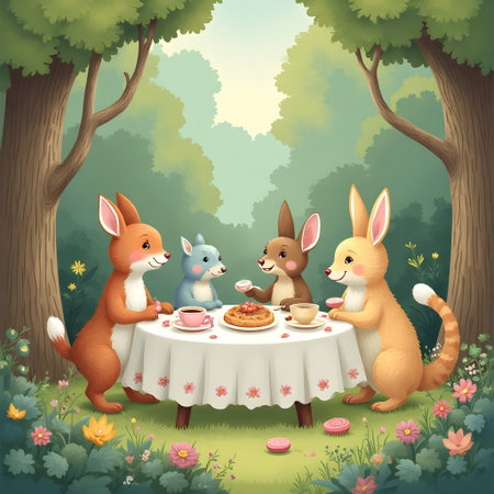 Vector illustration of Cute cartoon rabbits sitting at table in the forestの素材
