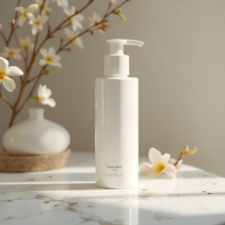 Cosmetic bottle mockup on white marble table with spring flowers.の素材