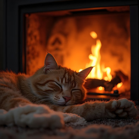 Cute ginger cat sleeps in front of the fireplace at home.の素材