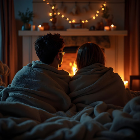 Couple in love sitting on the bed in front of the fireplace in the eveningの素材