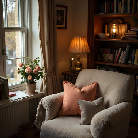 Cozy living room with armchair, bookcase, lamp and flowersの素材