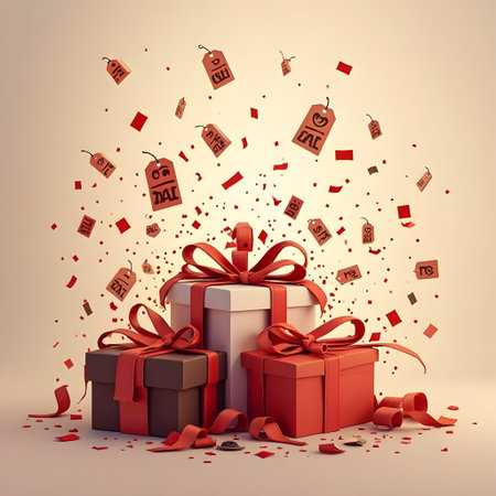 Gift boxes with sale tags flying out of it. 3d illustrationの素材