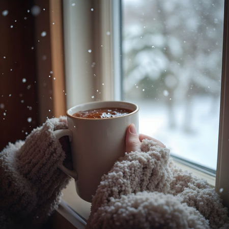 A woman in a warm sweater is holding a cup of hot cocoa on the windowsill.の素材