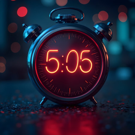 Retro alarm clock with 50 minutes to midnight on bokeh backgroundの素材