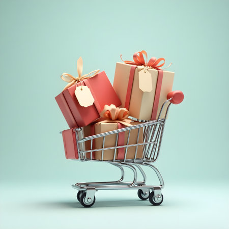 Shopping cart with gift boxes on blue background. 3d renderingの素材