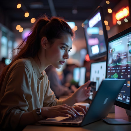 Young asian woman working on computer at night time in the office.の素材