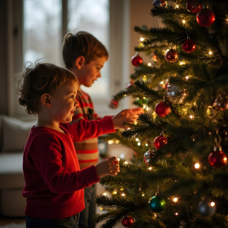 Two cute little siblings decorating Christmas tree at home. Happy children, boy and girl, hanging baubles on Christmas tree. Family, holiday and togetherness conceptの素材