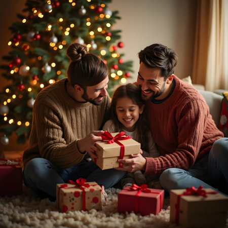 happy family with christmas gifts at home in the living-roomの素材