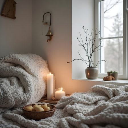 Cozy home interior with burning candles, knitted plaid and wicker basketの素材